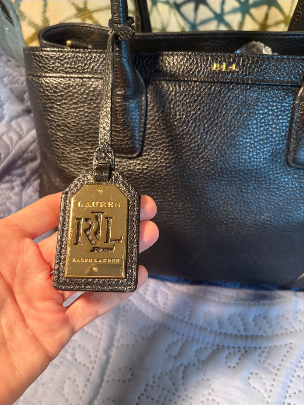 Lauren Ralph Lauren Black Pebbled Leather Tote Shoulder Bag Gold RL Hang Tag EUC
